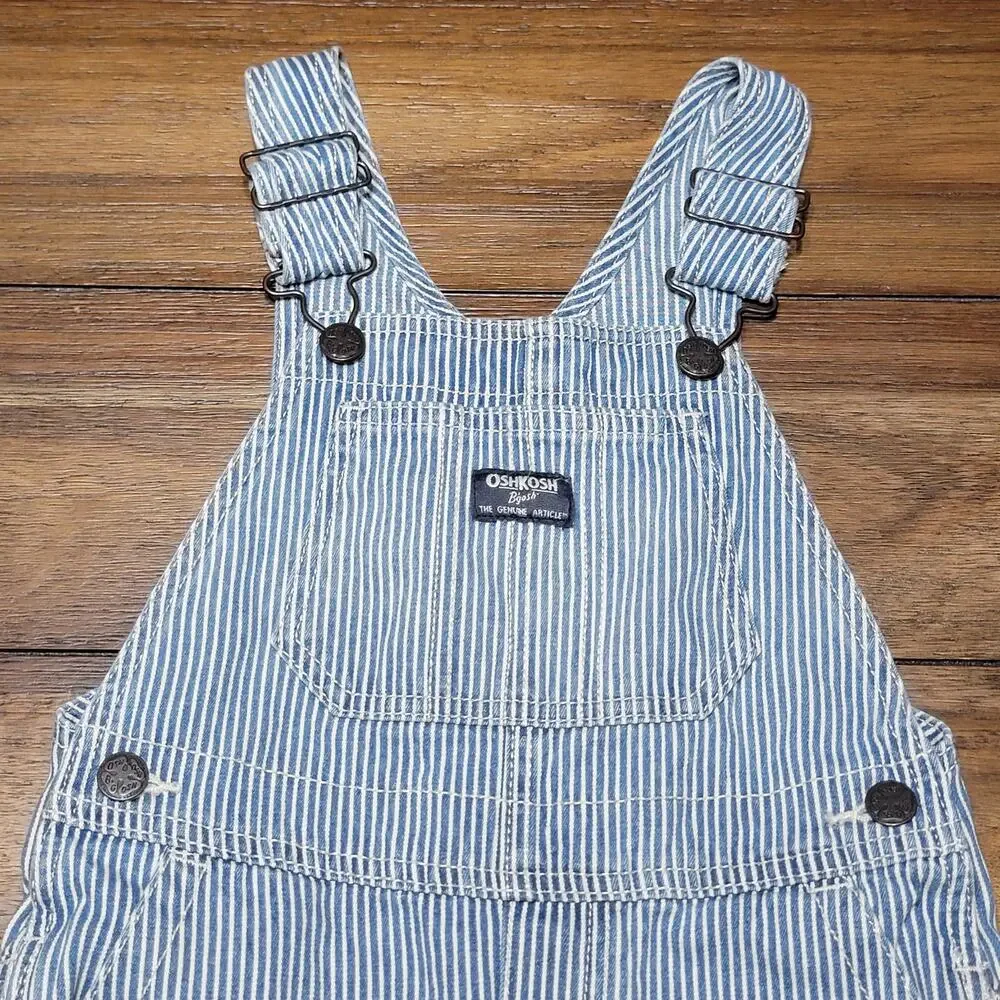 OshKosh B'gosh Blue & White Stripe Train Conductor Style Overalls Shorts - 5T